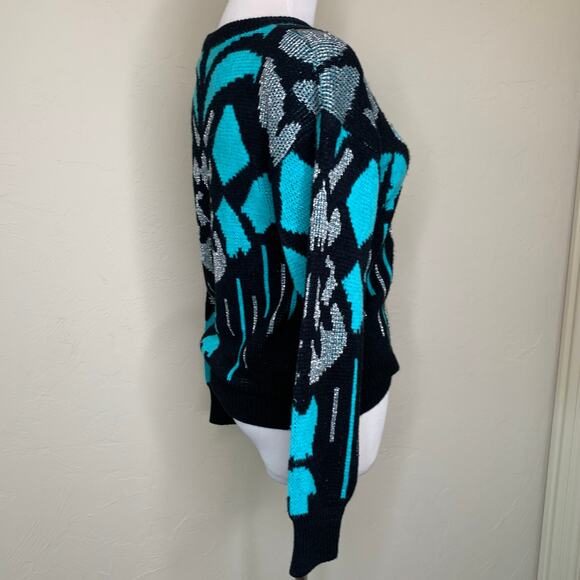 Vintage 90s Black Turquoise Sweater with Silver Sequin Details Sz Medium - Picture 3 of 7
